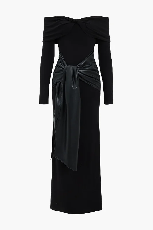 Faux Leather Patchwork Off Shoulder Ruched Long Sleeve Maxi Dress Trendy A-Line Maxi Dress