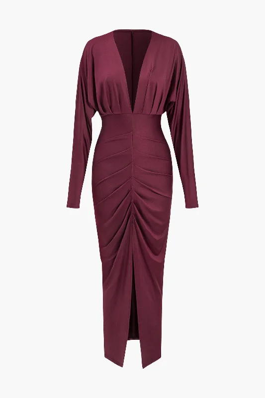 Ruched Long Sleeve V-Neck Maxi Dress Trendy Off-Shoulder Ruffle Maxi Dress
