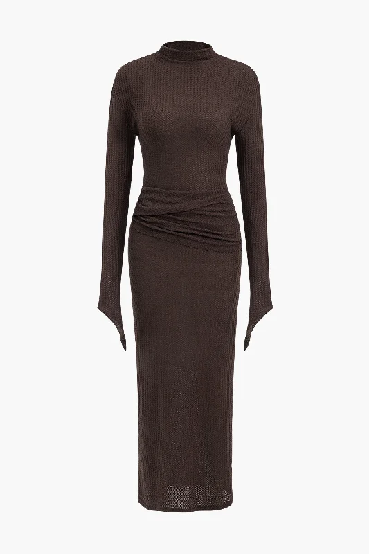 Ruched Long Sleeve Maxi Dress Comfortable Pleated Maxi Dress