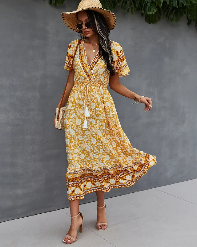 Nadine Floral Smocked Maxi Dress - Mustard Cozy Ribbed Maxi Dress