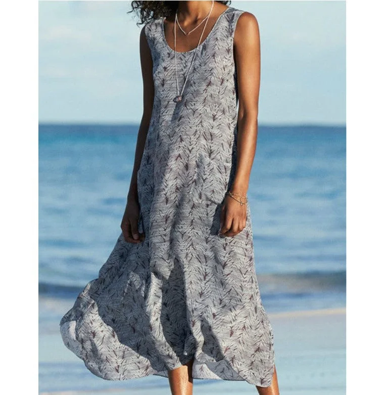 Niles Printed Pocketed Maxi Dress - Light Grey Elegant Sleeveless Maxi Dress