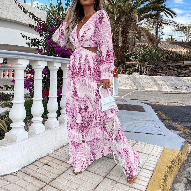Nostalgic Printed Open Back Maxi Dress Trendy Floral Print Maxi Dress