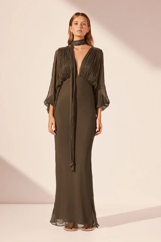 ODEN PLUNGE BALLOON SLEEVE MAXI DRESS - OLIVE Elegant Silk Maxi Dress