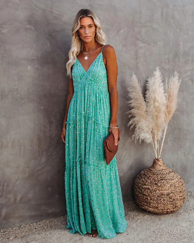 Odessa Metallic Detailed Maxi Dress - Teal Classic V-Neck Maxi Dress