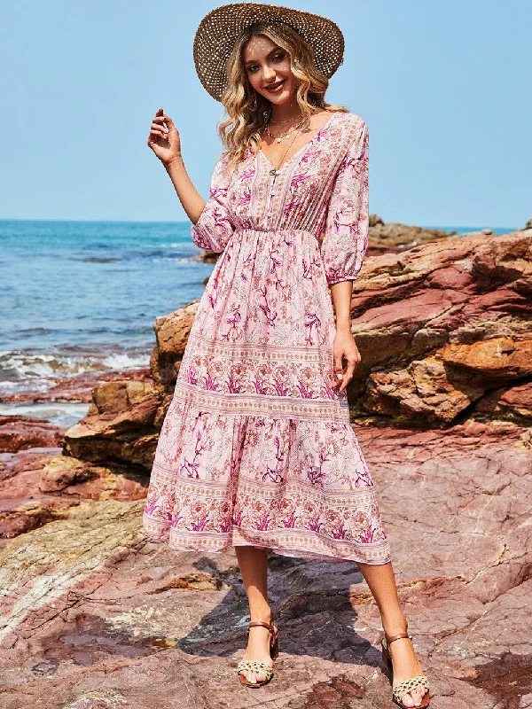 Oria Floral Tiered Tassel Maxi Dress - Tangerine Fuchsia Elegant Maxi Dress with Pockets