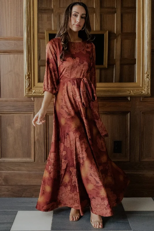 Paula Satin Maxi Dress | Terracotta Floral Trendy Maxi Dress with Lace