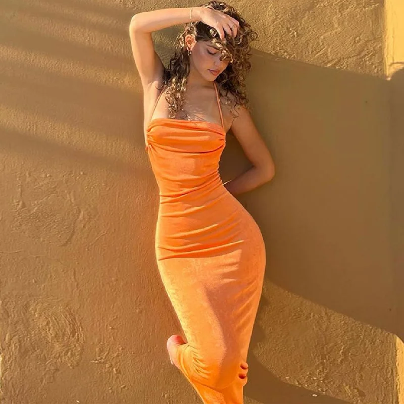 BerryBetty - Pretty Cowl Neck Strappy Draped Maxi Dress - Bright Orange Comfortable Bohemian Maxi Dress