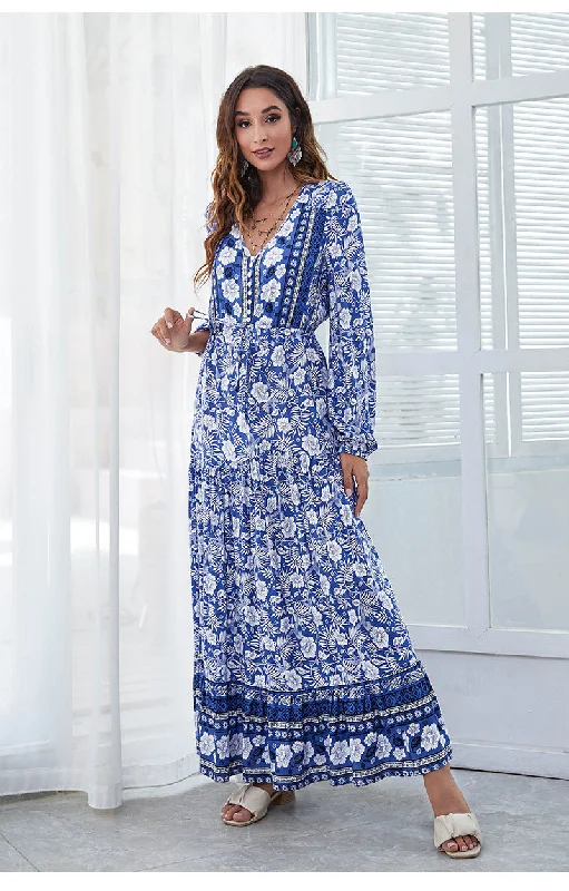 Santorini Printed Boho Maxi Dress Cozy Ribbed Maxi Dress