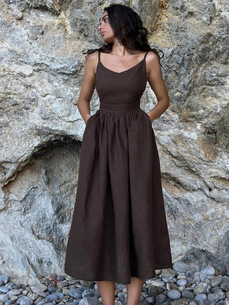 Sexy Backless Beach Dress Women V Neck Splice Folds Maxi Dress Fashionable Layered Maxi Dress