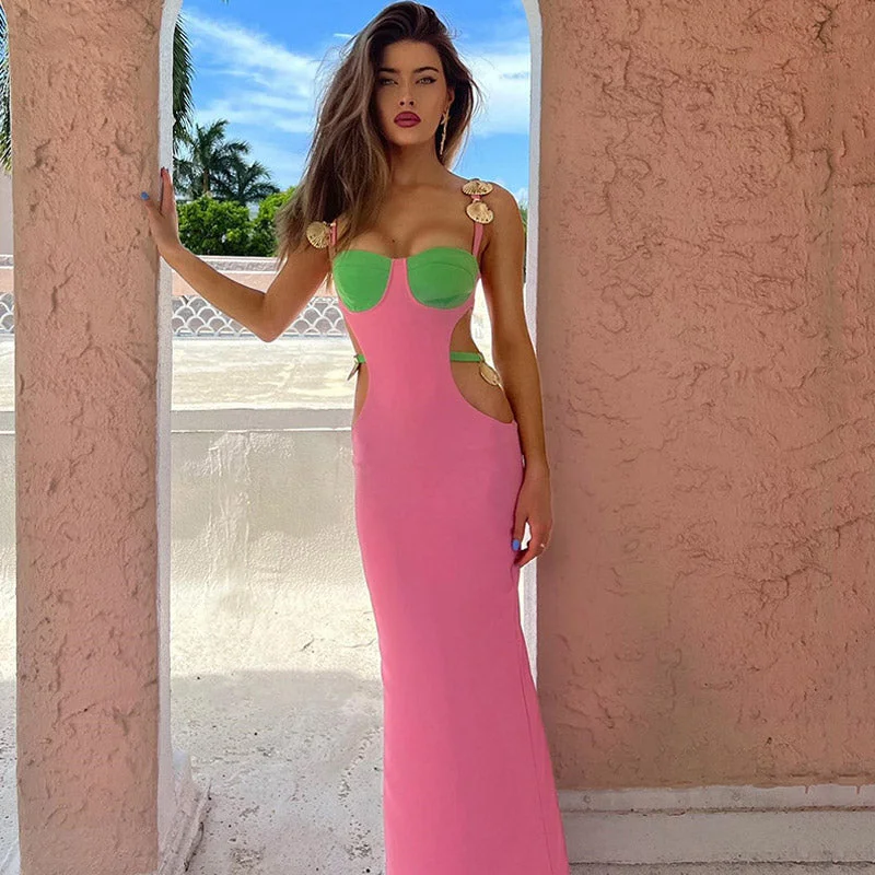 BerryBetty - Contrast Color Shells Sleeveless Cutout Prom Maxi Dress - Pink Chic Off-Shoulder Maxi Dress