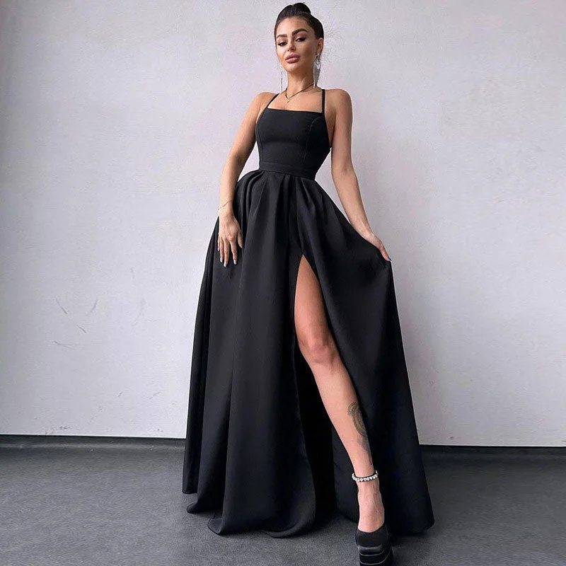 BerryBetty - Solid Color High Split Lace Up Back Sleeveless Prom Maxi Dress - Black Chic Sleeveless Maxi Dress