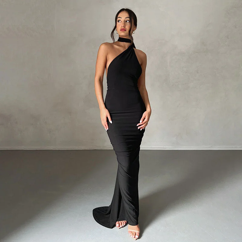 BerryBetty - Solid Color One Shoulder Ruched Evening Maxi Dress - Black Comfortable Long-Sleeve Maxi Dress