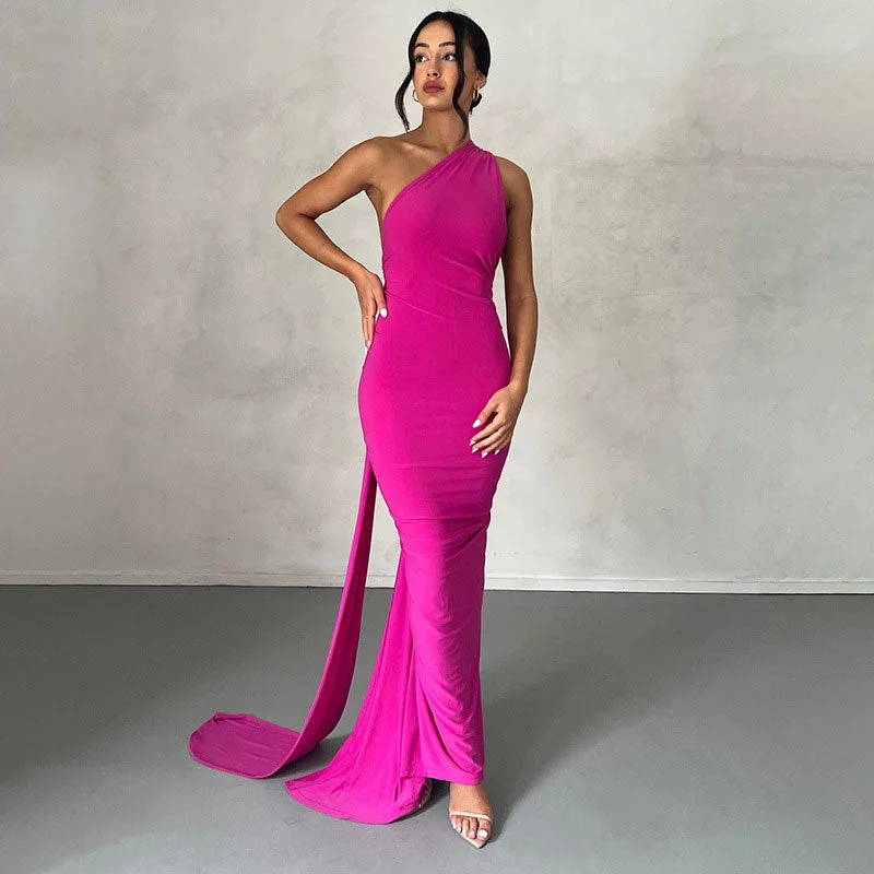 BerryBetty - Solid Color One Shoulder Ruched Evening Maxi Dress - Hot Pink Classic Solid Maxi Dress