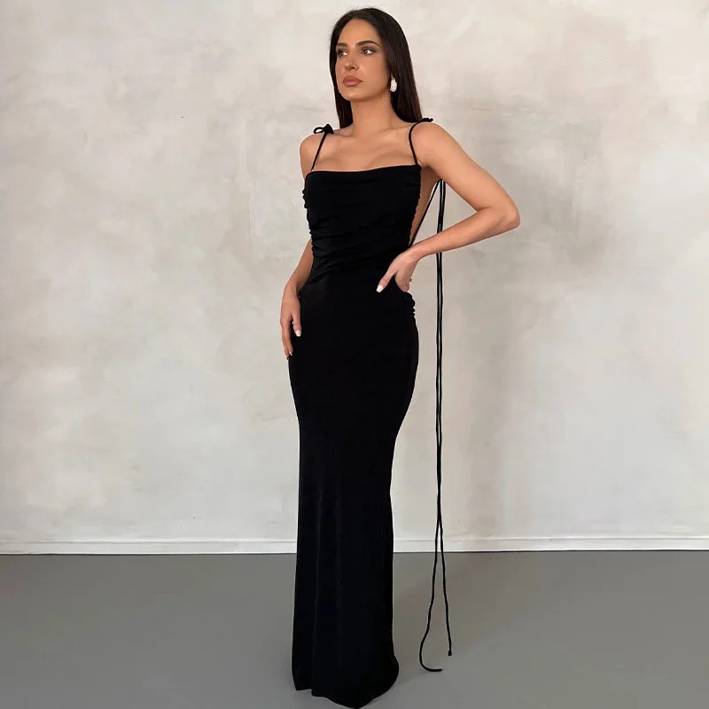 BerryBetty - Tie Shoulder Cowl Neck Ruched Trim Sheer Maxi Dress - Black Elegant Maxi Dress with Pockets