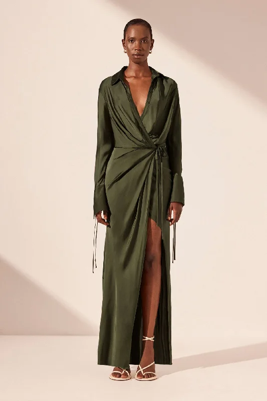 SHAE DRAPED SHIRT MAXI DRESS - PINE GREEN Fashionable Faux Wrap Maxi Dress