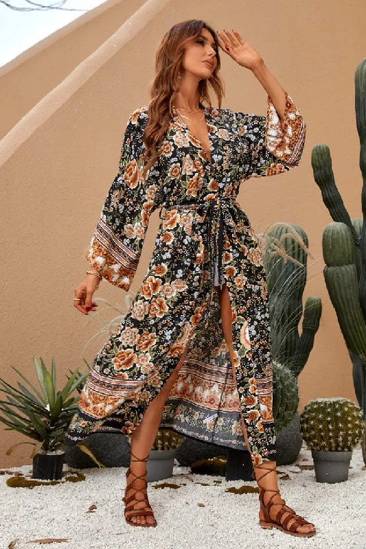 Shaken Leaves Floral Boho Maxi Dress Stylish Longline Maxi Dress