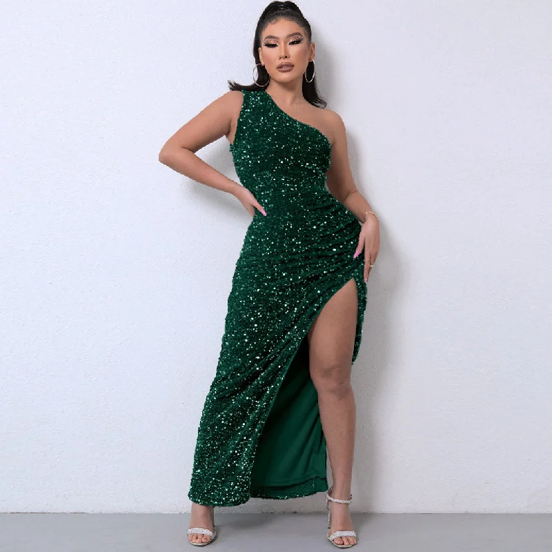 BerryBetty - Shimmery Sequin High Split One Shoulder Gown Maxi Dress - Emerald Green Elegant Tiered Maxi Dress