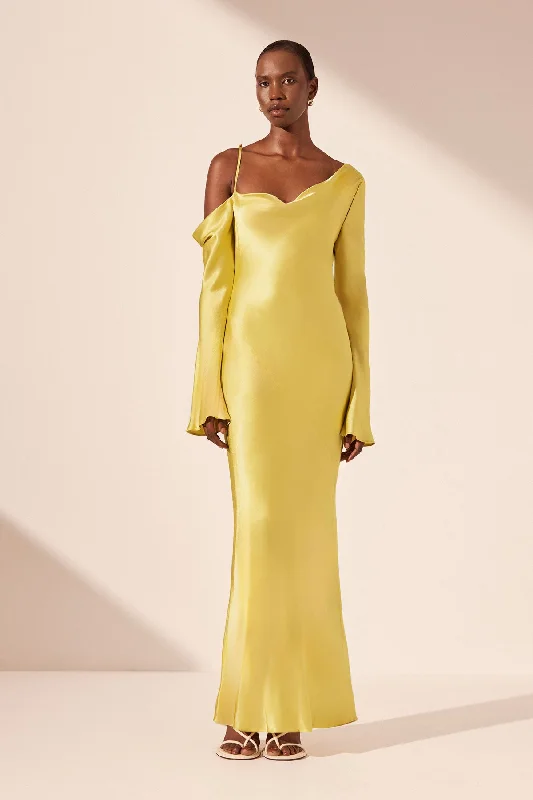 SOFIA ASYMMETRICAL LONG SLEEVE MAXI DRESS - LIME Chic Button-Up Maxi Dress