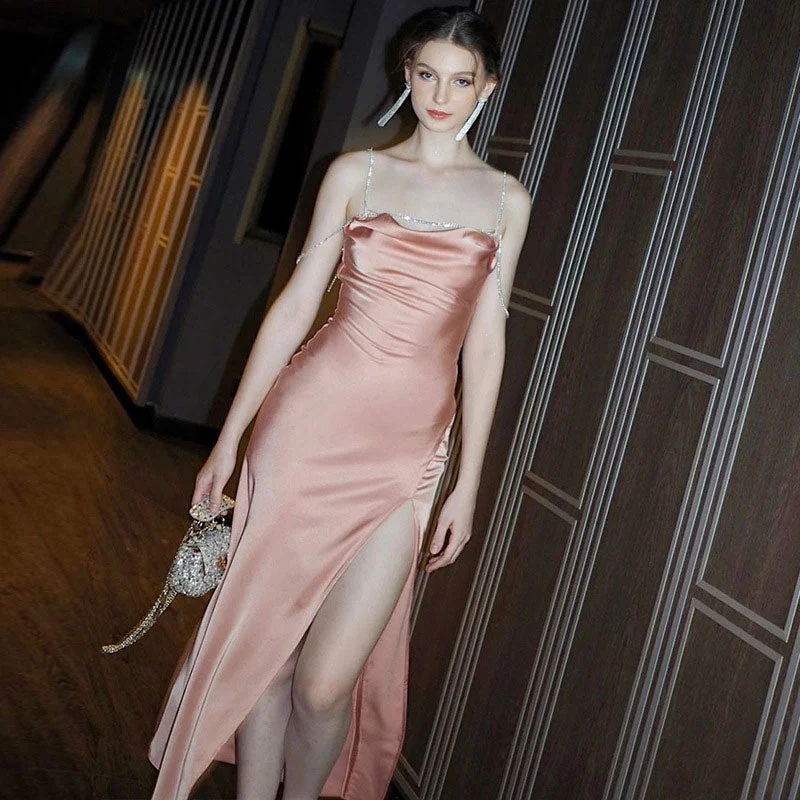 BerryBetty - Sparkly Rhinestone Trim Cowl Neck High Split Maxi Dress - Pink Elegant Tiered Maxi Dress