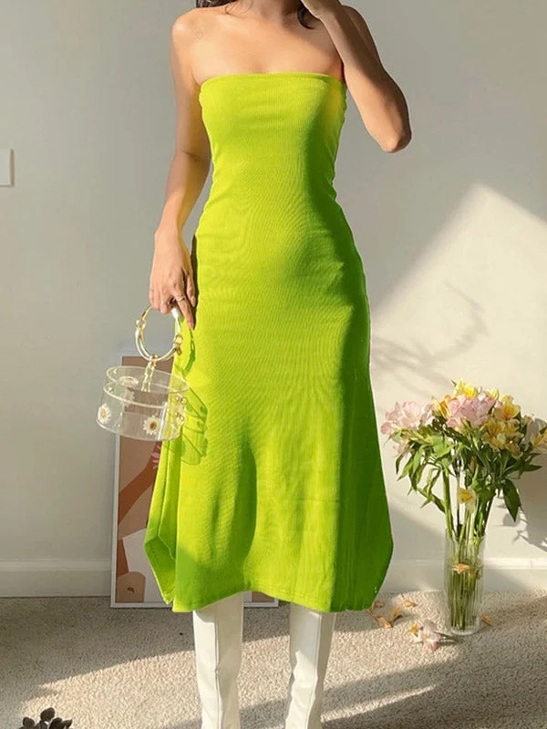 BerryBetty - Strapless Split Ribbed Maxi Dress Comfortable Pleated Maxi Dress