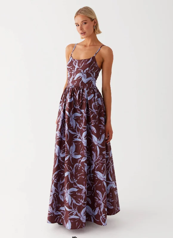 Tesoro Maxi Dress - Brown Purple Floral Stylish Maxi Dress with Frills