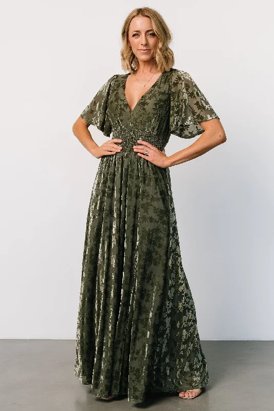 Veronica Velvet Maxi Dress | Dark Sage Trendy Printed Maxi Dress