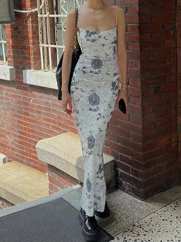 BerryBetty - Vintage Cherub Print Slit Mesh Maxi Dress Elegant Boho Maxi Dress
