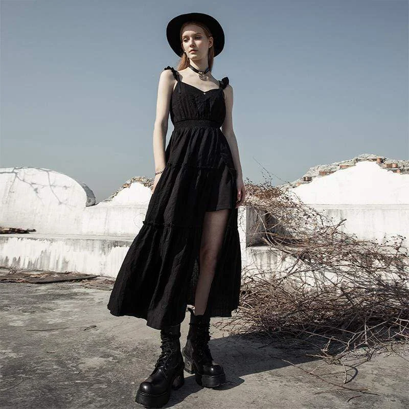 Women's Goth Side Slit Ruffles Maxi Dresses Fashionable Chiffon Tiered Maxi Dress