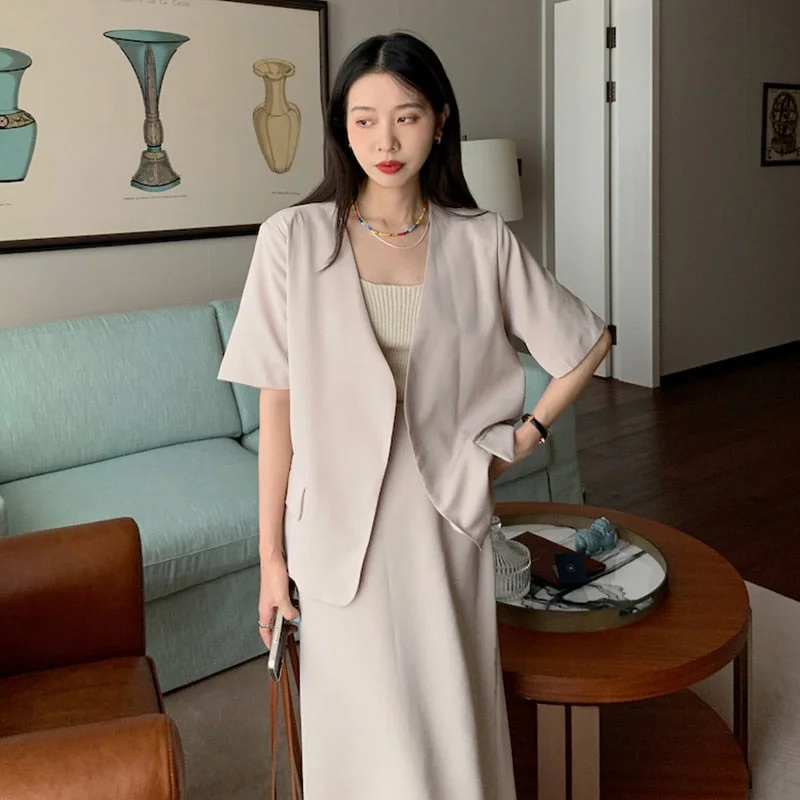 2022 Solid Blazer Set Open Stitch Jacket & Long Maxi Split Skirt 2 Pieces Skirt Suit Female Office Ladies Blazer Suit Wool Fabric Cashmere Fabric Tweed Fabric