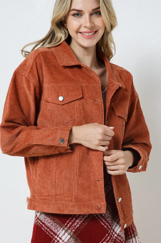 CAMEL CORDUROY COLLARED BUTTON DOWN JACKET JK7763 A-Line Jacket Boat Neck Shawl Collar