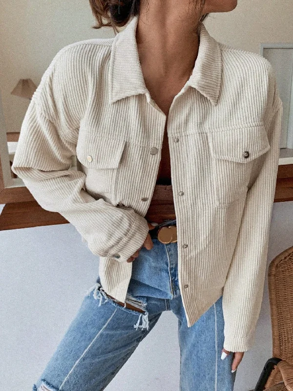 Honey Pocketed Collared Neck Snap Down Jacket Denim Jacket Leather Jacket Suede Jacket