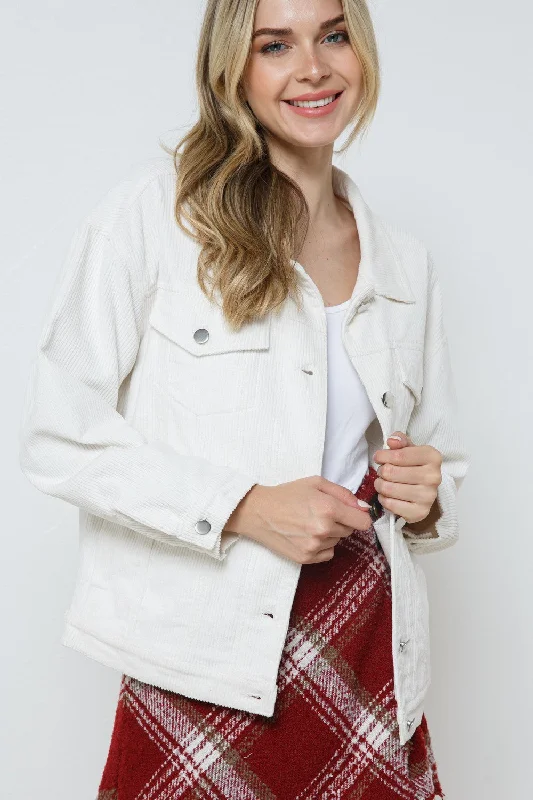 IVORY CORDUROY COLLARED BUTTON DOWN JACKET JK7763 Insulated Jacket Fitted Jacket Loose Jacket