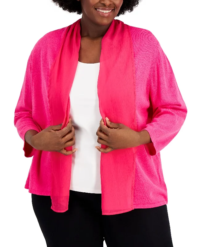 Kasper Plus Size Open Front Long Sleeve Jacket Welt Pockets Slit Pockets Flap Pockets