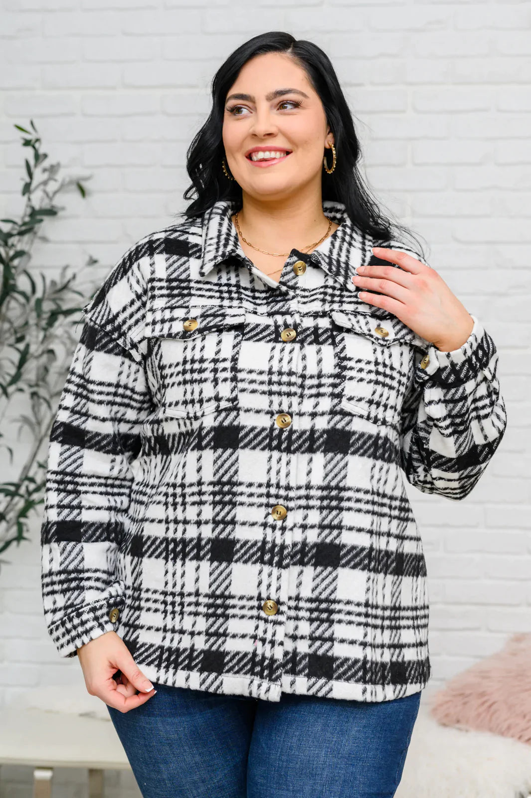 Hazel Blues® |  Kate Plaid Jacket in Black & White Notch Collar Peter Pan Collar Cowl Neck