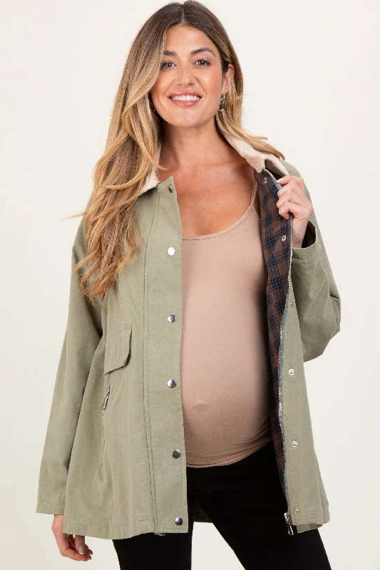 Light Olive Plaid Lined Oversized Maternity Zipper Jacket Front Pockets Side Pockets Patch Pockets