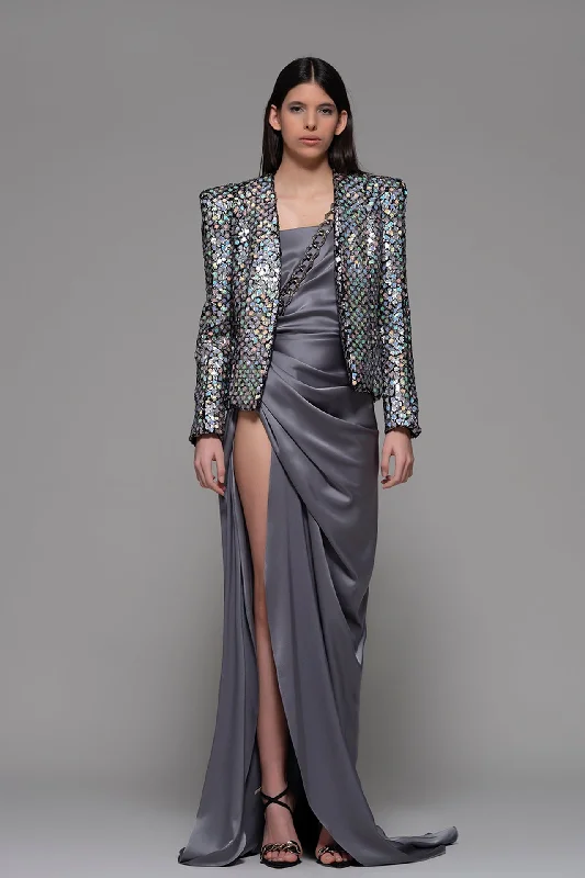 Long sleeves short jacket with high slit draped dress Anorak Shell Jacket Lightweight Jacket