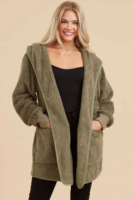 Olive Fuzzy Knit Hooded Jacket Nylon Jacket Polyester Jacket Spandex Jacket