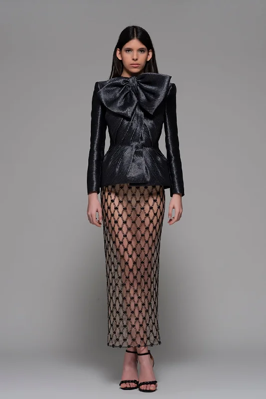 Peplum bow detailed jacket with mesh skirt Cardigan Sweater Pullover