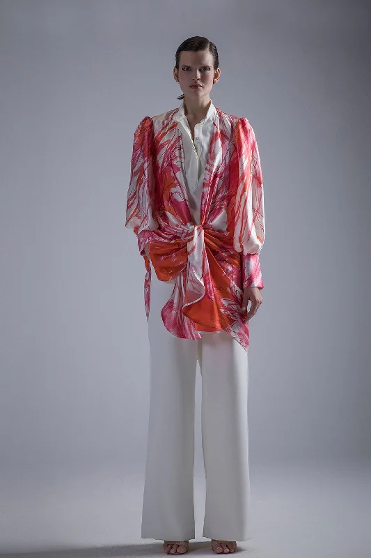 Printed jacket with blouse and wide pants Nylon Fabric Polyester Fabric Spandex Fabric