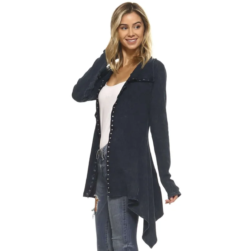 Stylish Navy Cotton Asymmetrical Hem Mineral Washed Jacket Made in USA Stand-Up Collar Roll-Neck Collar Turtle Neck