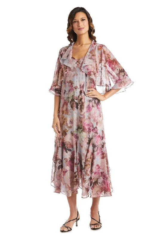 R&M Richards 7925 Long Two Piece Floral Jacket Dress Front Pockets Side Pockets Patch Pockets
