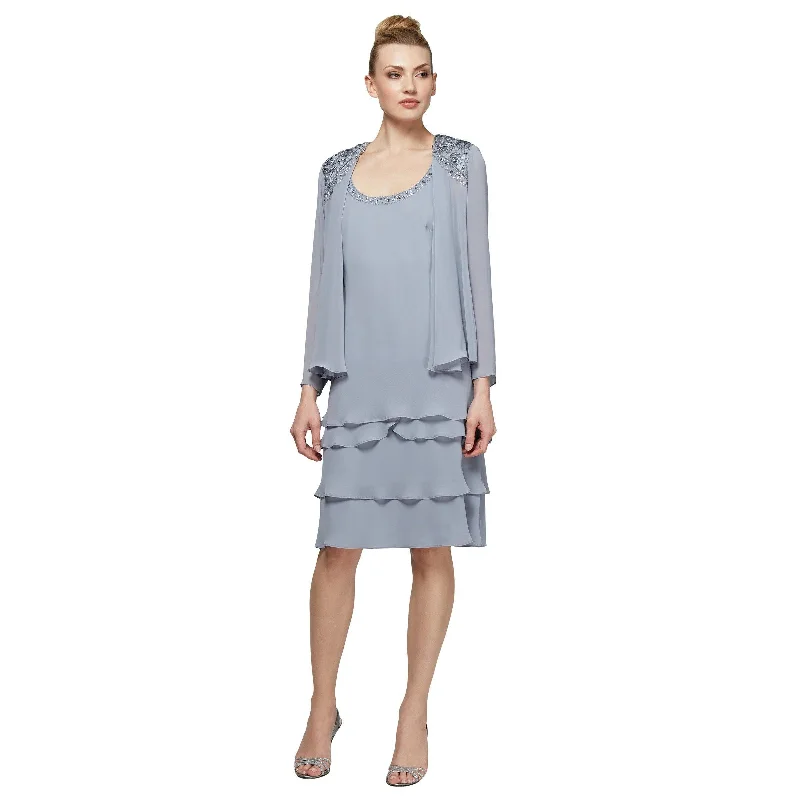 SL Fashions 122372 Short Beaded Tiered Jacket Dress Notch Collar Jacket Peter Pan Collar Jacket Cowl Neck Jacket