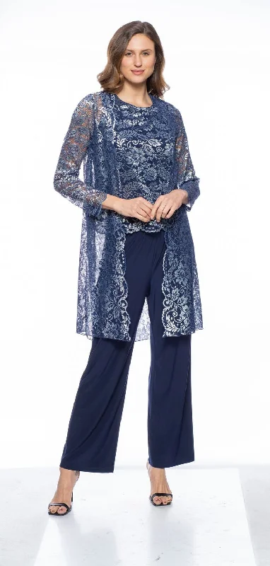 Marina  Long Sleeve Lace Jacket Top 3 Piece Pant Set Knit Fabric Woven Fabric Fleece Fabric