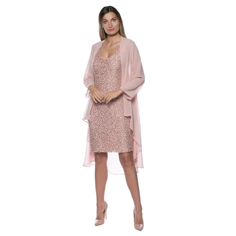 Marina  Short Chiffon Jacket Sequin Dress Zippered Front Buttoned Front Snap Front