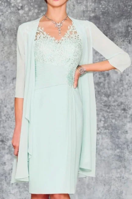 Charming Short Mint Chiffon Lace Mother of The Bride Dress with Jacket Snapped Jacket Toggled Jacket Drawstring Jacket Charming Short Mint Chiffon Lace Mother of The Bride Dress with Jacket Snapped Jacket Toggled Jacket Drawstring Jacket
