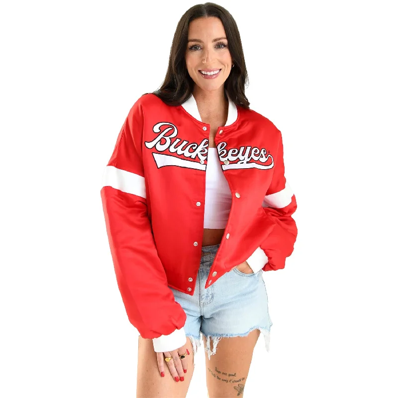 Ladies Ohio State Buckeyes Varsity Satin Scarlet Jacket Zippered Front Buttoned Front Snap Front Ladies Ohio State Buckeyes Varsity Satin Scarlet Jacket Zippered Front Buttoned Front Snap Front