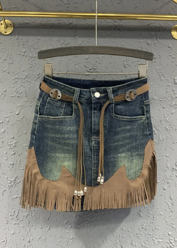 Art Blue Tassel Patchwork High Waist Denim Skirt Summer cashmere skirt soft