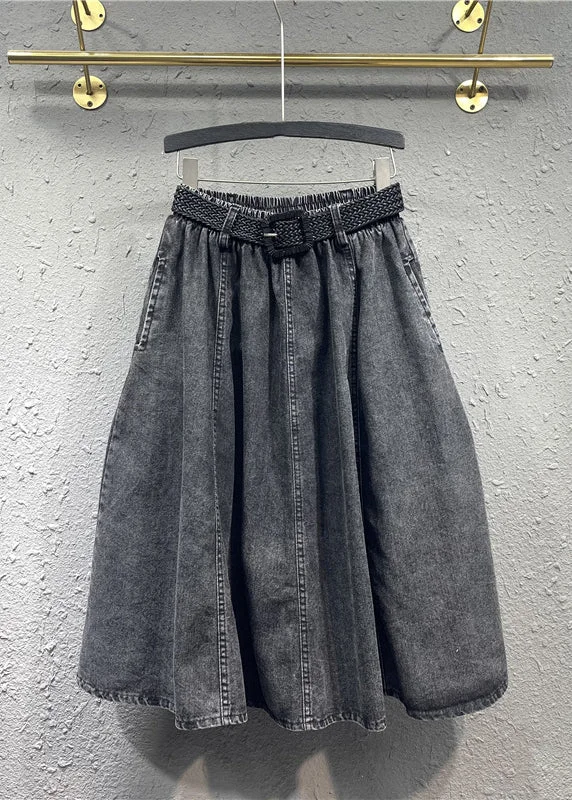 Casual Black Gray Elastic Waist Pleated Pocket Denim Skirt Autumn lace skirt delicate