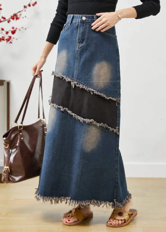 Chic Blue Tasseled Patchwork Denim Skirt Fall velvet skirt luxurious