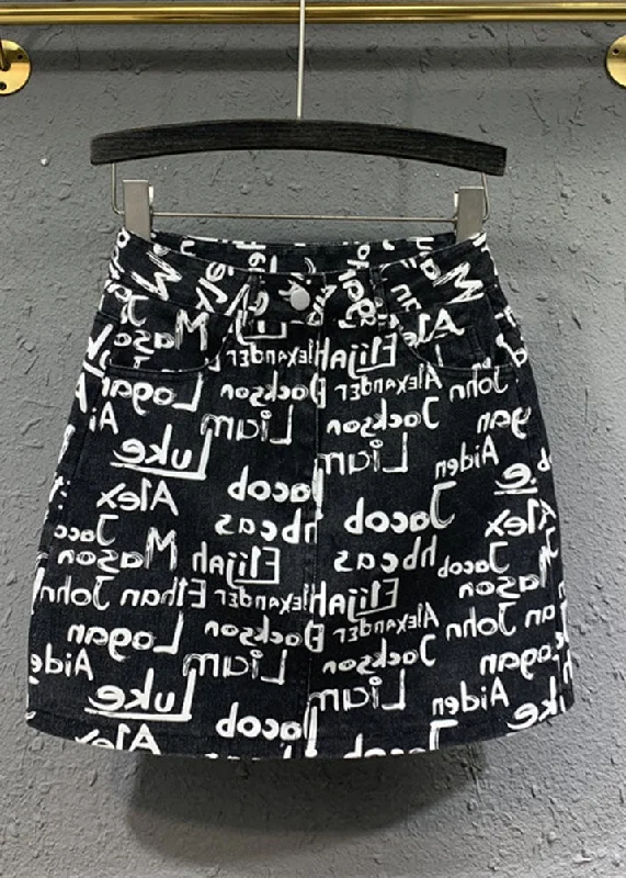 Classy Black High Waist Graphic Print Denim Hip Wrap Skirts zip skirt side